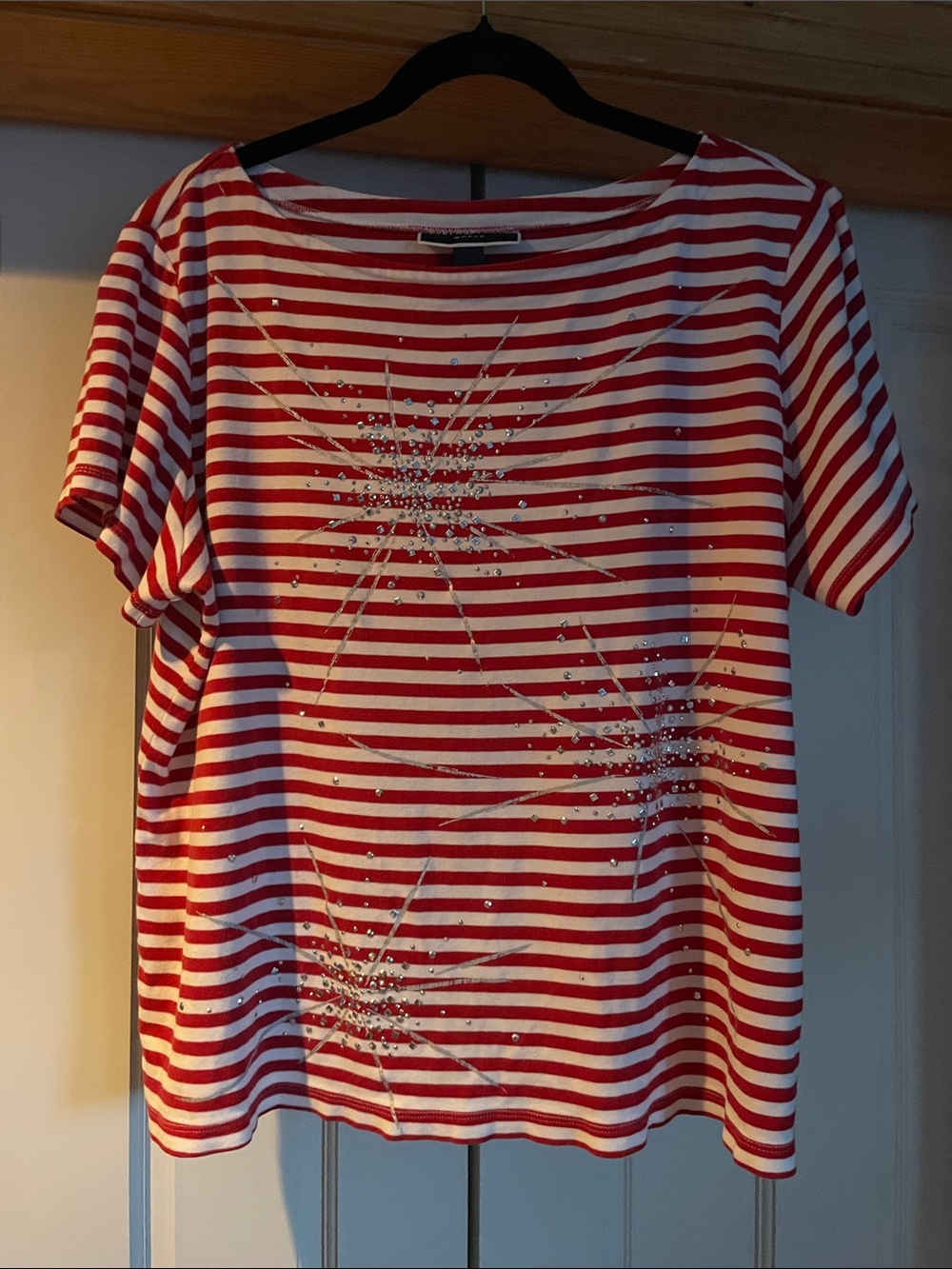 Karen Scott Red and White Striped Short Sleeve Tee with Sparkle Starburst